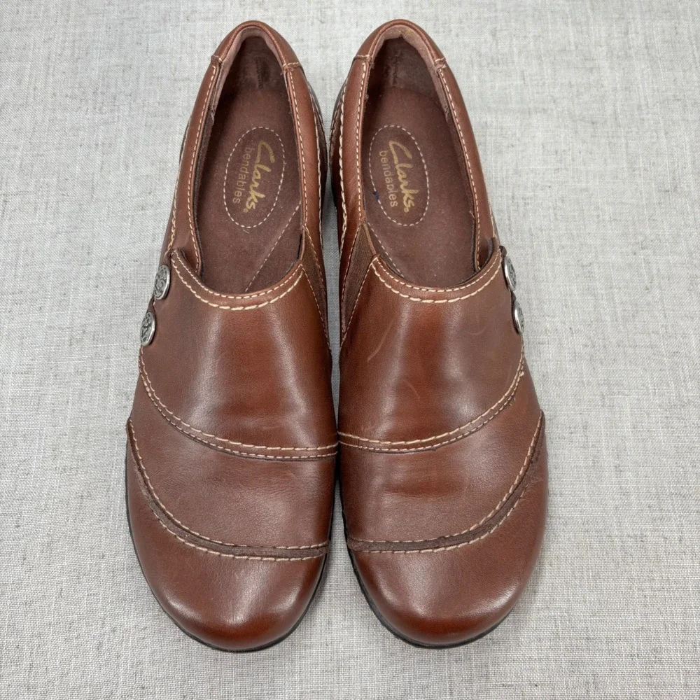 Clarks Bendables Ashland‎ Alpine Brown Leather Slip On Loafers Women's Size 9